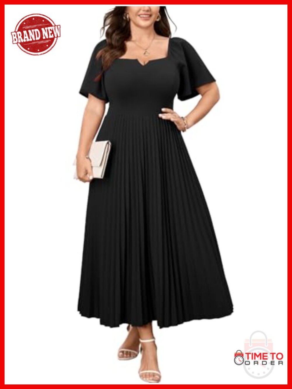 Plus Size Wedding Guest Cocktail Maxi Dress Pleated Flutter Sleeve Semi Formal